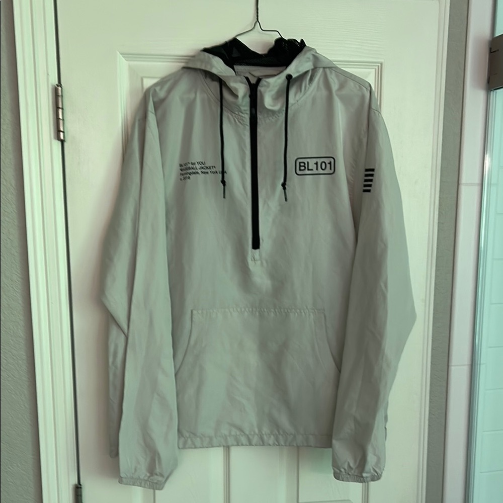 Gray Windbreaker with Hood and Elastic Cuffs
